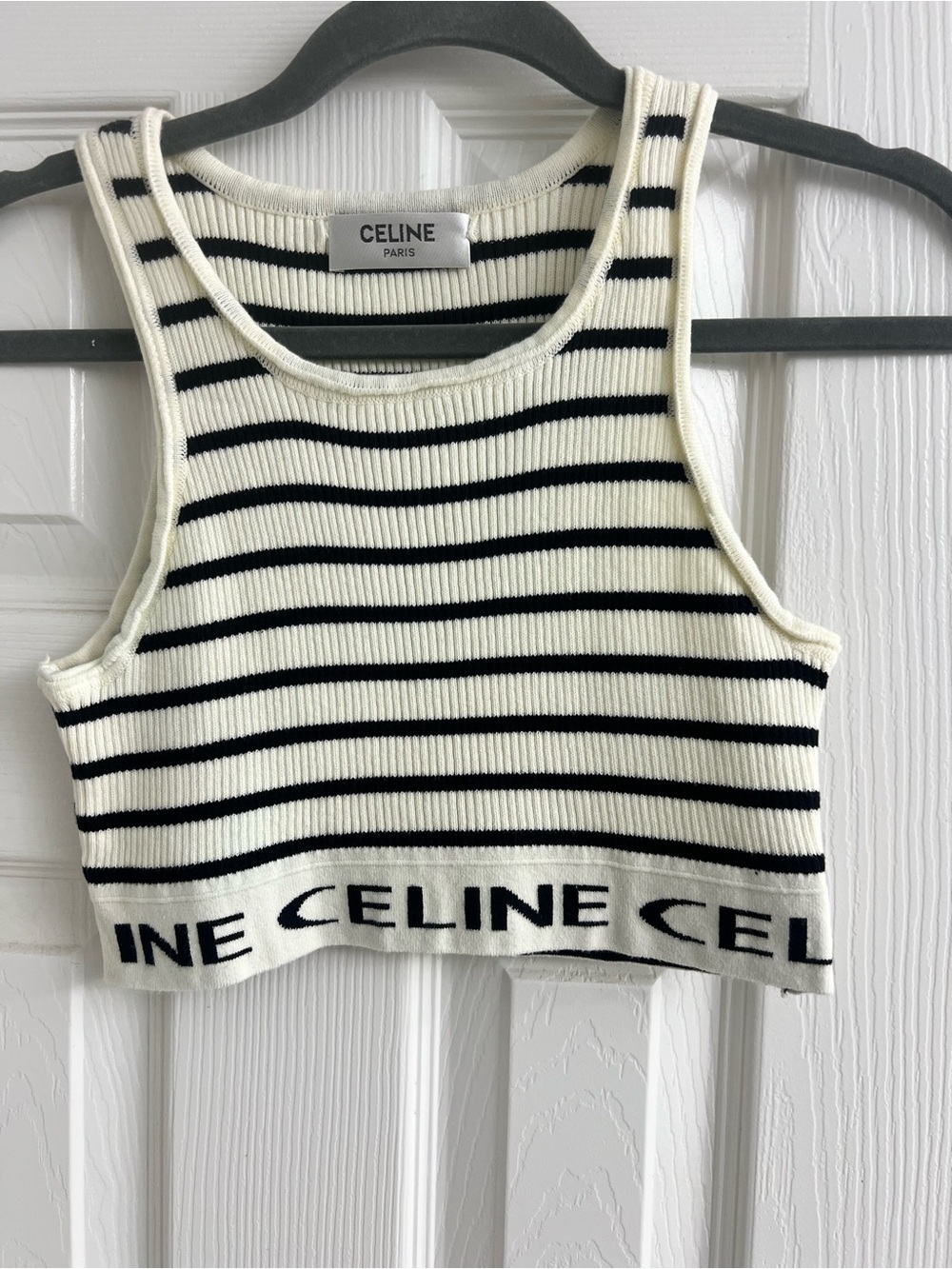 CELINE Black & White Striped Logo Ribbed Crop Tank